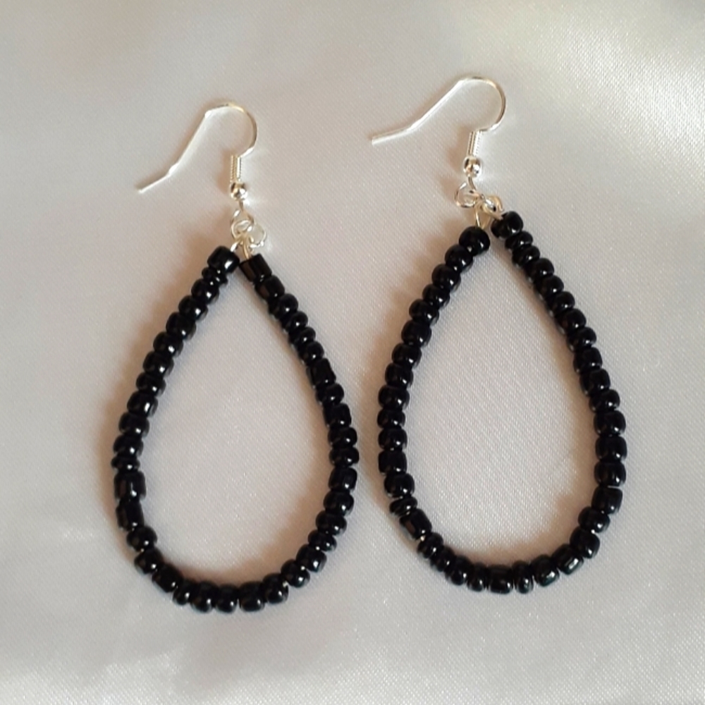 Black seed bead teardrop hoop dangle earrings handmade 3 inch